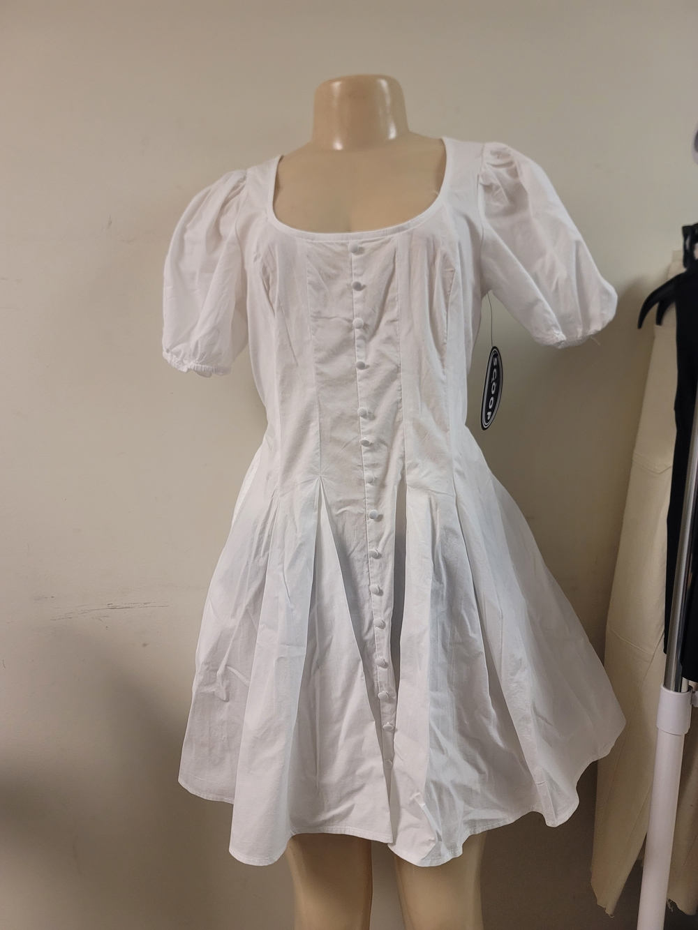 White Puff Sleeve Button-Front Dress - Picture 2 of 7